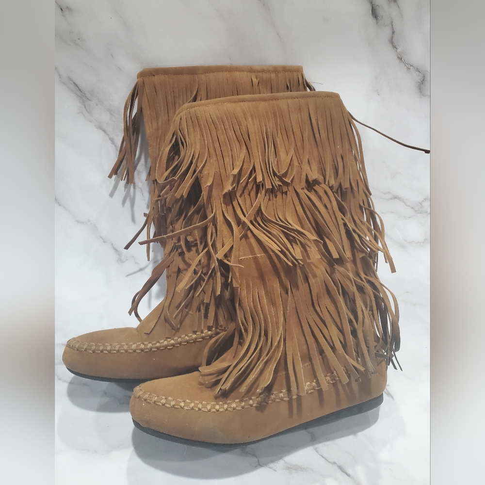 Brown Moccasin Faux Suede Frindge Mid-Calf Boots Size 6M
